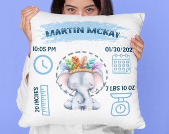 Custom Newborn Birth Stats Pillow | Personalized Baby Name, Date, Time & Weight | Perfect Gift for New Parents | Blue Woodland Elephant