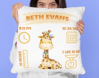 Personalized Birth Stats Pillow | Custom Baby Name & Birth Details | Perfect Nursery Decor | Unique Baby Gift | Watercolor Woodland Giraffe