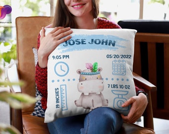Baby Birth Announcement Pillow | Customizable Name, Date, Time & Weight | Thoughtful Baby Shower Gift | Keepsake Blue Woodland Hippo