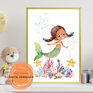Watercolor Mermaid Princess Nursery Wall Art - Nursery Printable - Neutral Girls Room Decor - Mermaid Prints - Coral Art - Nursery Art Print