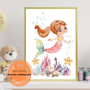 Printable Mermaid Wall Art Set for Girls Room - Colorful Wall Art - Nursery Home Decor- Watercolor Decor - Under the sea Digital Download