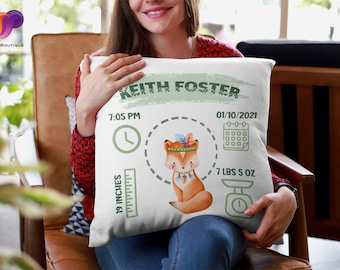 Personalized Birth Stats Pillow | Custom Baby Name, Date, Time & Weight | Unique Baby Gift | Nursery Decoration | Sage Green Fox Pillow