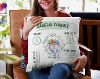 Personalized Baby Pillow | Custom Birth Stats with Name, Date, Time & Weight | Ideal Baby Shower Gift | Keepsake | Sage Green Elephant