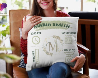 Custom Baby Birth Stats Pillow | Personalized Sage Green Monogram Name, Date, Time & Weight | Thoughtful Gift for New Parents | Keepsake