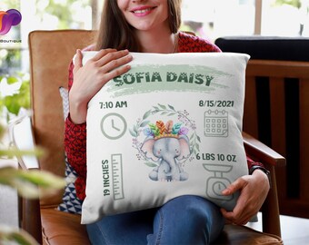 Personalized Baby Pillow | Custom Birth Stats | Ideal Baby Shower Gift | Custom Name, Date, Time & Weight | Sage Green Elephant Baby Pillow
