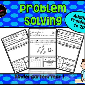 Op de afbeelding: Educatief werkblad voor kleuters met optelsommen tot 20. Het werkblad bevat wiskundige problemen met illustraties van vissen, konijnen en krabben. De tekst luidt "Problem Solving" en "Kindergarten/Year 1".