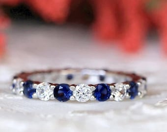 Blue Sapphire Diamond Band Full Eternity Wedding Dainty Band Anniversary Gift 925 Sterling Silver Handmade Matching Band SeptemberBirthstone