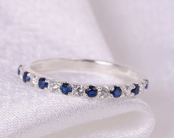 Lab Blue Sapphire Sterling Silver Eternity Ring: Handmade Stacking Band