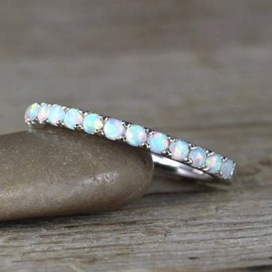 Natural Opal Eternity Ring, Handmade Opal Half Eternity Band,Opal Wedding Band,Sterling Silver Band,Dainty Opal Ring,October Birthstone Band