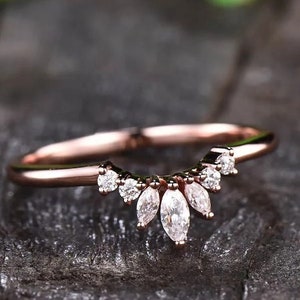 Marquise Moissanite Curved Wedding Band: Sterling Silver Anniversary Ring
