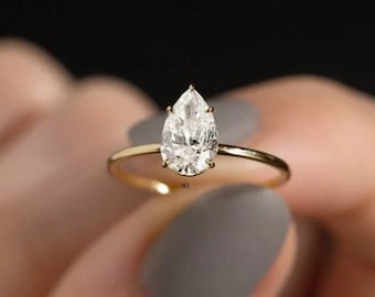 2CT Pear Shaped Lab Grown Diamond Solitaire Engagement Ring, Handmade Diamond Solitaire Ring Pear Shaped Cathedral Wedding Ring 14K/18K Ring