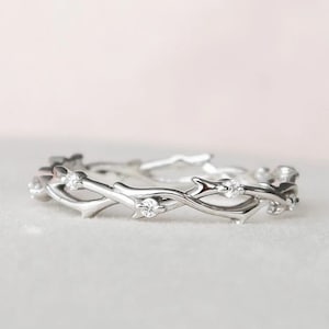 Handmade Sterling Silver Twig Ring: Diamond Floral Vine Wedding Band