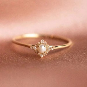 14K Gold Pearl Ring: Dainty Diamond Accent, June Birthstone