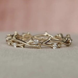 Yellow Gold Twig Ring: Handmade Moissanite Wedding Band