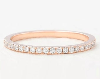 14K Rose Gold Wedding Band / Half Eternity Diamond Ring / Stackable Diamond Ring / Micro Pave Diamond/ Thin Diamond Band / Mothers Day Gift