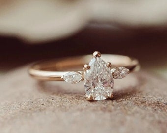 Classic Pear Cut Moissanite Diamond Ring, 14k Gold Filled Engagement Ring, Three Stone Pear Shaped Ring, Proposal Ring, Pear & Marquise Ring