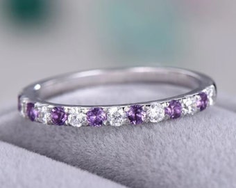 Handmade Amethyst and Diamond Sterling Silver Half Eternity Ring