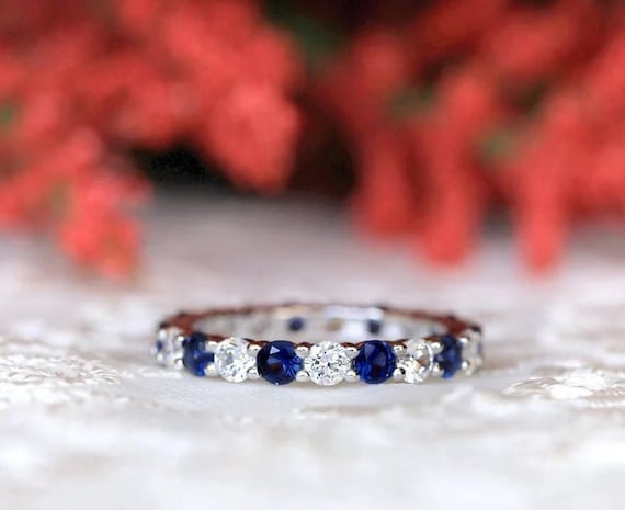 Blue Sapphire Diamond Band Full Eternity Wedding Dainty Band