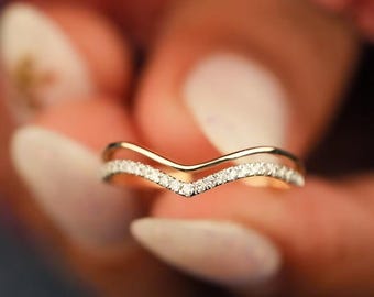 Moissanite Chevron Wedding Band: Double Row Stackable Ring, Yellow Gold