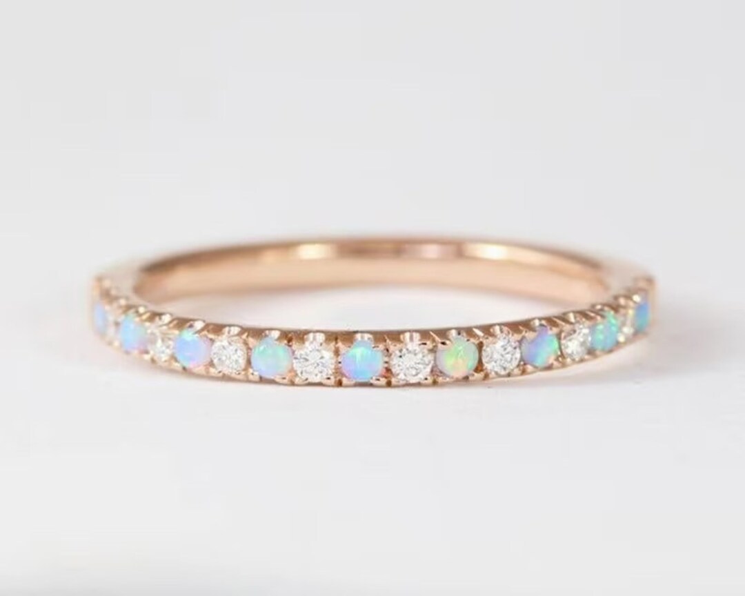 Simulated (ブルーサファイアエタニティ重ね付けウェディングリング14?Kホワイトゴールドオーバースターリングシルバー1? 並行輸入品 Handmade Rose Gold Opal Wedding Band: Diamond Sterling Silver