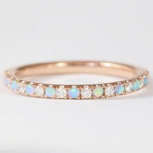 Handmade Rose Gold Opal Wedding Band: Diamond Sterling Silver Eternity Ring