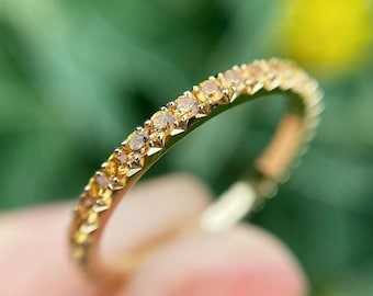 Handmade Yellow Sapphire Eternity Band: Micro Pave 14K Gold Ring