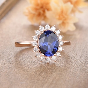 Anello ovale in zaffiro - Anello in argento sterling - Zircone cubico vintage Anello di fidanzamento con promessa di zaffiro - Anello principessa Diana - Pietra portafortuna di settembre