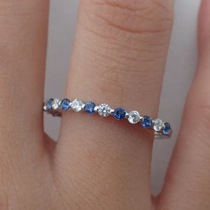 Blue Sapphire Wedding Band: Diamond CZ, 14K White Gold, Sterling Silver