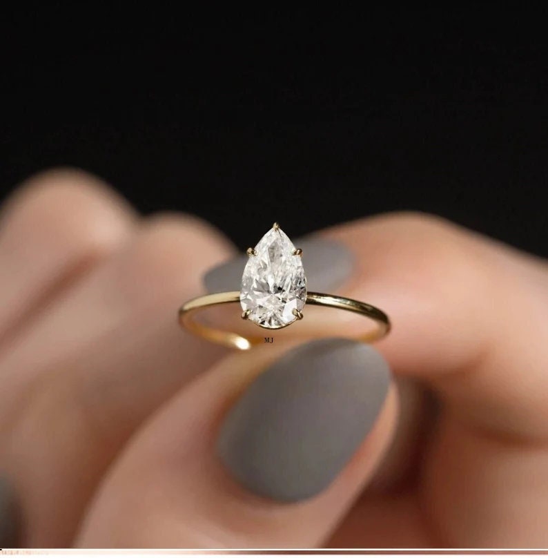 Unique Pear Diamond Engagement Two Rings Set Muse Lab Diamond / 9x6mm / 1.0ct