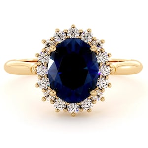 Oval Blue Sapphire Halo Engagement Ring: Sterling Silver Bridal Ring