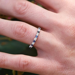 Moissanite & Sapphire Wedding Band: Sterling Silver Dainty Ring