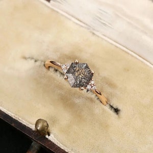 Black Rutilated Quartz Ring: 14K Yellow Gold Hexagon Art Deco Promise Ring