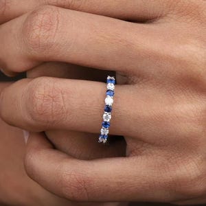 Dainty Sapphire & Diamond Wedding Band: 14K White Gold Half Eternity Ring