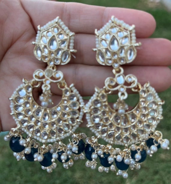 Blue kundan shop earrings