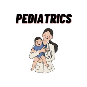 May include: A female doctor wearing a white coat with a stethoscope around her neck is holding a smiling baby in her arms. The text "PEDIATRICS" is written in bold black letters above the image.