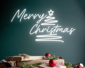 Personalized Merry Christmas Neon Sign, Pine Tree Wall Art