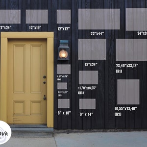 May include: A variety of sizes of wood wall signs with measurements in inches. The signs are displayed on a black wood wall with a yellow door in the center. The signs are all gray and have a wood grain texture. The text "Arrova Home" is visible in a circle at the bottom left of the image.