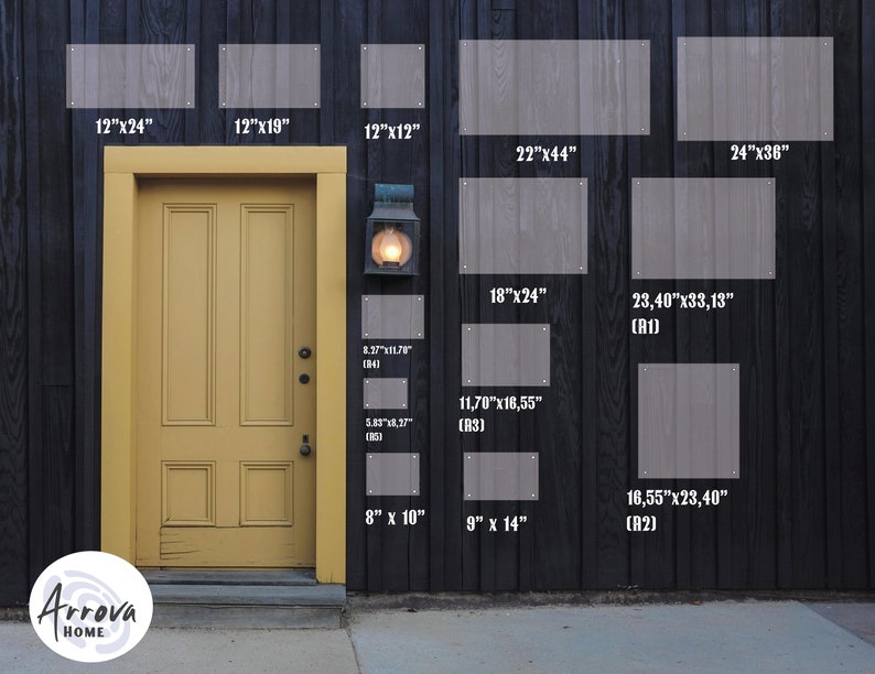May include: A variety of sizes of wood wall signs with measurements in inches. The signs are displayed on a black wood wall with a yellow door in the center. The signs are all gray and have a wood grain texture. The text "Arrova Home" is visible in a circle at the bottom left of the image.