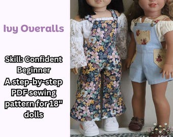 Patrón de costura en PDF para overoles, shorts, pantalones acampanados y shorts inspirados en los años 70 de Ivy para muñecas de 18 pulgadas / Patrón de costura de estilo vintage