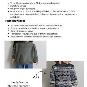 May include: A page from a sewing pattern titled "Oversized Sweater." The pattern includes a list of supplies and pattern notes. Two examples of finished sweaters are shown: a solid gray sweater and a patterned sweater. The text "made from a thrifted sweater!" is also included.