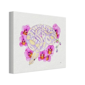May include: A watercolor painting on canvas features a coiled snake in shades of yellow and purple, surrounded by vibrant pink orchids. The artwork is set against a white background, creating a striking contrast.