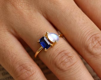 Custom Two Birthstone Ring, Custom Toi et Moi Gemstone Ring, Moonstone Ring, Bridesmaid Gift, Anniversary Gift, Christmas Gift for Her
