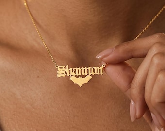 Bat Name Necklace, Personalized Name Necklace, Custom Initial Necklace, Old English Jewelry, Gothic Jewelry, Spooky Gift, Halloween Gift