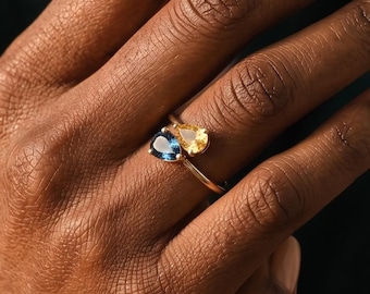 Birthstone Ring Adjustable, Two Stone Ring, Toi Et Moi Ring, Birthstone Ring for Grandma, Couples Gift, Anniversary Gift, Back to School