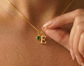 14K Solid Gold Initial Necklace with Birthstone, Initial and Birthstone Necklace, Birthstone Letter Necklace, Birthday Gift, Christmas Gifts