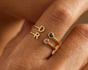Bagues lettres minuscules, bagues initiales alphabet, bague pierre de naissance personnalisée, bague alphabet ouverte sur le devant, bague prénom, cadeaux de demoiselle d'honneur, anneaux de A à Z