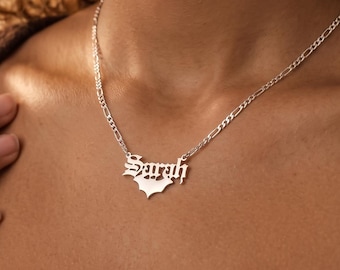 Bat Name Necklace, Personalized Name Necklace, Custom Initial Necklace, Old English Jewelry, Gothic Jewelry, Spooky Gift, Halloween Gift