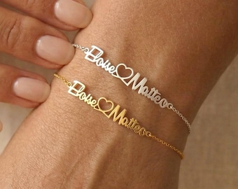 Braccialetto personalizzato con doppio nome e cuore, braccialetto per la mamma con i nomi dei bambini, regalo di anniversario per la coppia, braccialetto con nome di famiglia, regalo di compleanno