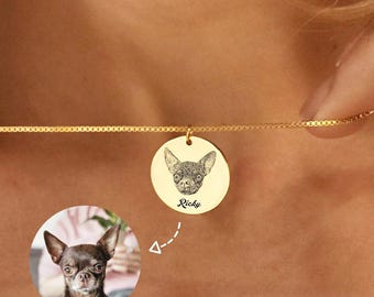 Custom Pet Portrait Name Necklace, Custom Dog Portrait Necklace, Engraved Portrait from Photo, Pet Memorial Jewelry, Memorial Gift for Her