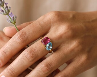 Toi Et Moi Ring, Two Birthstone Ring,Two Stone Ring,His and Hers Rings,Anniversary Gift,Birthday Gift For Her,Bridesmaid Gift,Back to School
